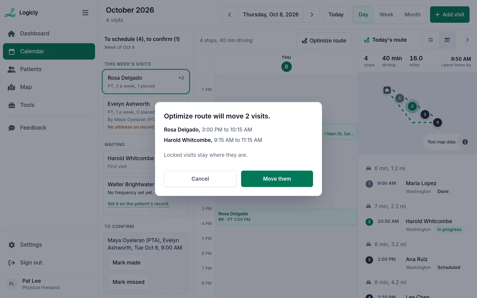 A notice over the Logicly calendar saying Optimize route will move 2 visits, with each visit’s old and new time and a Move them button.