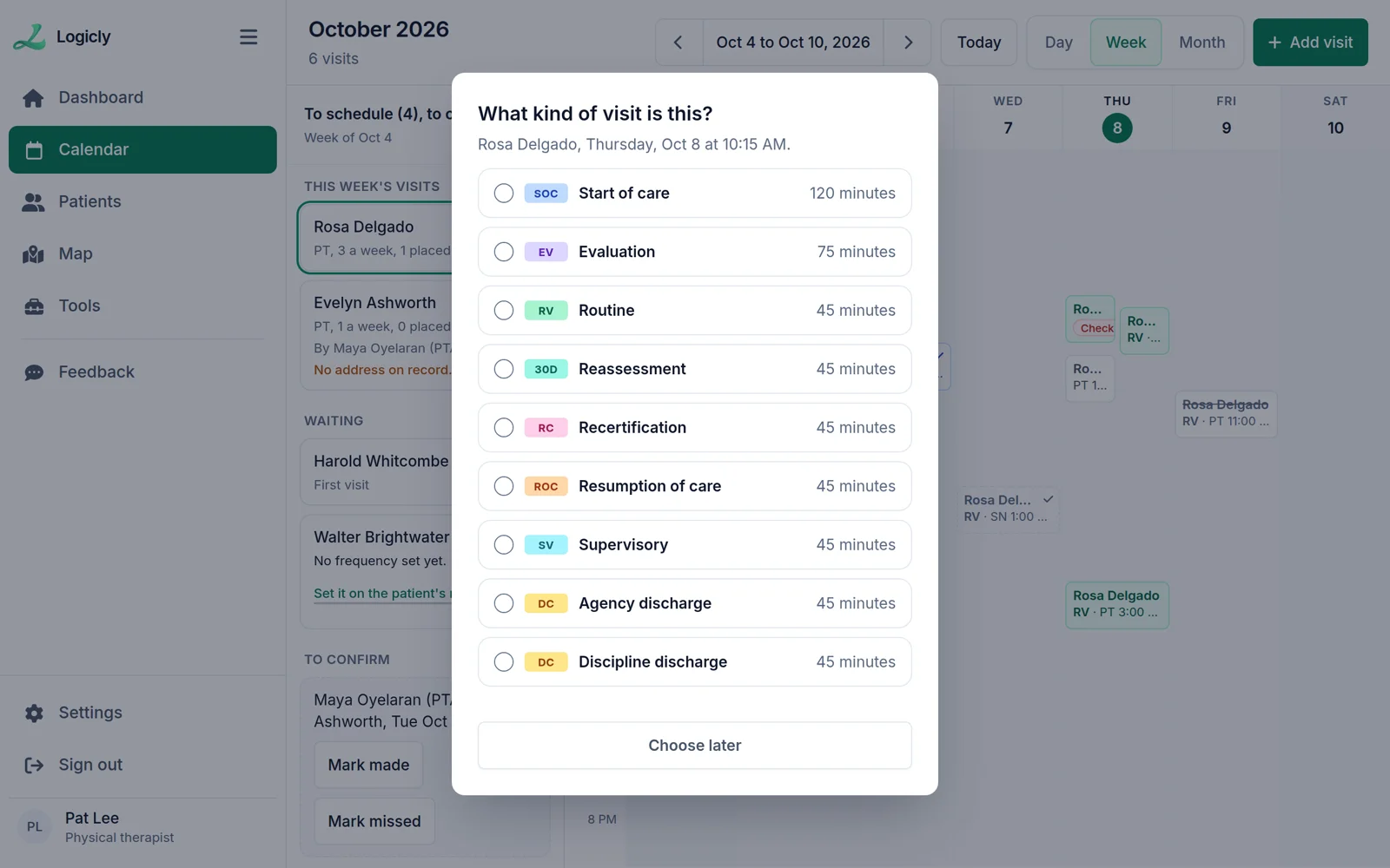 A dialog over the Logicly calendar asking What kind of visit is this, with nine visit types and how long each one lasts.